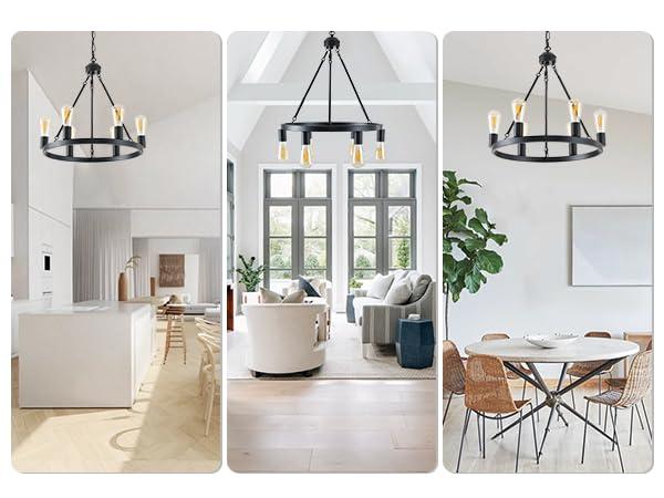 Farmhouse 6 Lights Black Wagon Wheel Chandelier,Modern Vintage Round Pendant Light Fixture for Dining Room,Living Room, Entryway Foyer Kitchen Island, E26