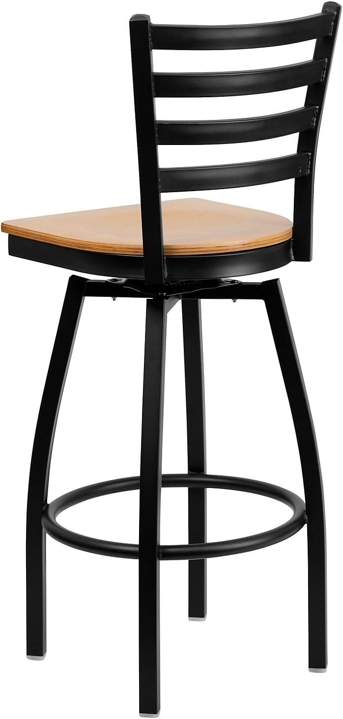 Flash Furniture HERCULES Series Black Ladder Back Swivel Metal Barstool - Natural Wood Seat