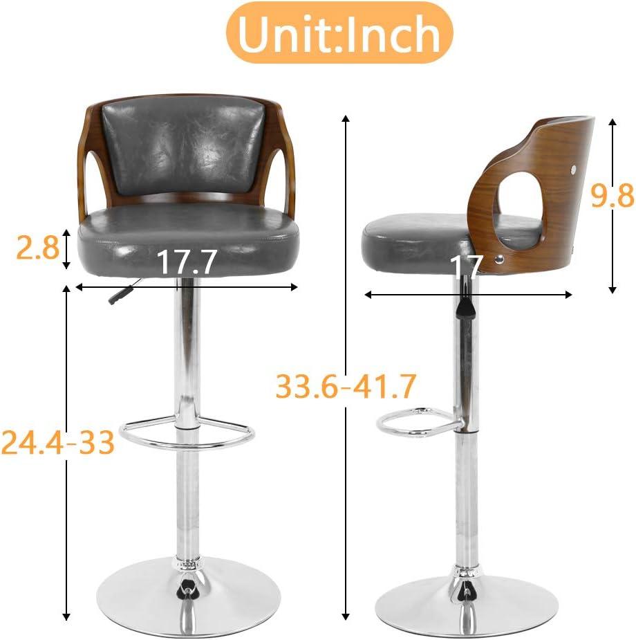 YRLLENSDAN Counter Height Adjustable Bar Stools Set of 2 with Back and Footrest Cushioned High Bar Chairs Set of 2 Leather Upholstered Kitchen Island Chairs with Metal Base,Gray