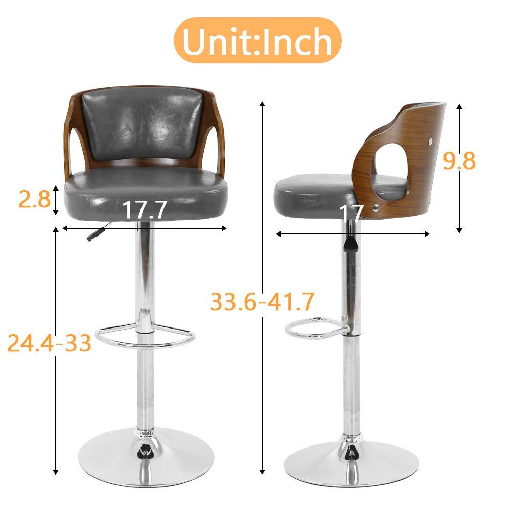 YRLLENSDAN Counter Height Adjustable Bar Stools Set of 2 with Back and Footrest Cushioned High Bar Chairs Set of 2 Leather Upholstered Kitchen Island Chairs with Metal Base,Gray