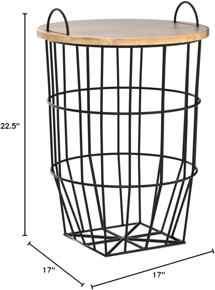 The Lakeside Collection Metal Storage Basket Side Table with Carrying Handles and Wooden Lid