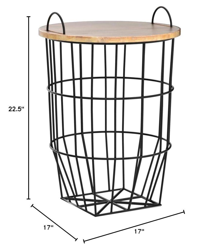 The Lakeside Collection Metal Storage Basket Side Table with Carrying Handles and Wooden Lid