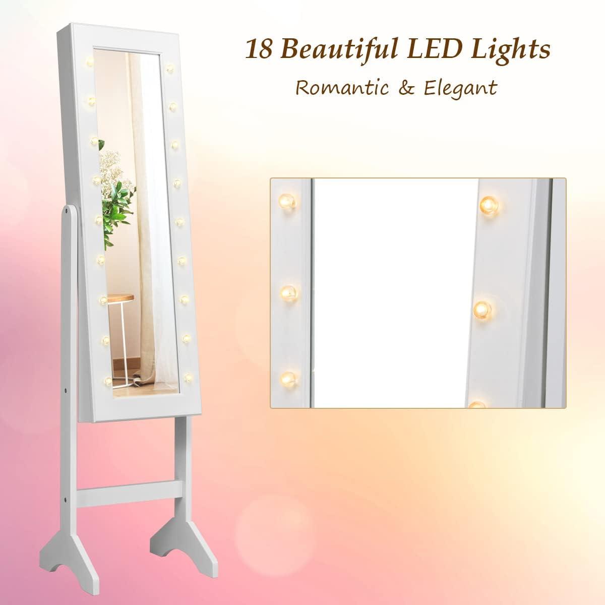 QuellQuest Standing Jewelry Armoire with 18 LED Lights Around the Door, Large Storage Mirrored Jewelry Cabinet with Full Length Mirror, 16 Lipstick Holders, 1 Inside Makeup Mirror (White)