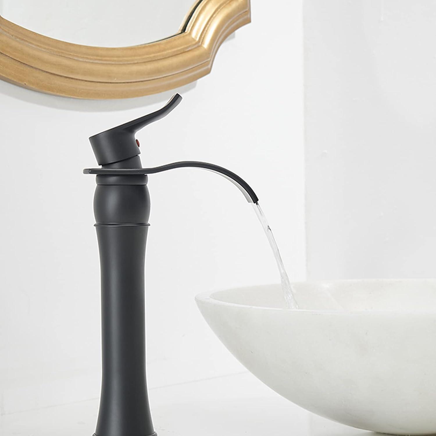 Homevacious Bathroom Vessel Sink Faucet Waterfall,Matte Black Bathroom Faucet Single Handle,Single Hole Bowl Vanity Sink Faucet,with Pop Up Drain and Supply Lines,Commercial Lavatory Mixer Tap