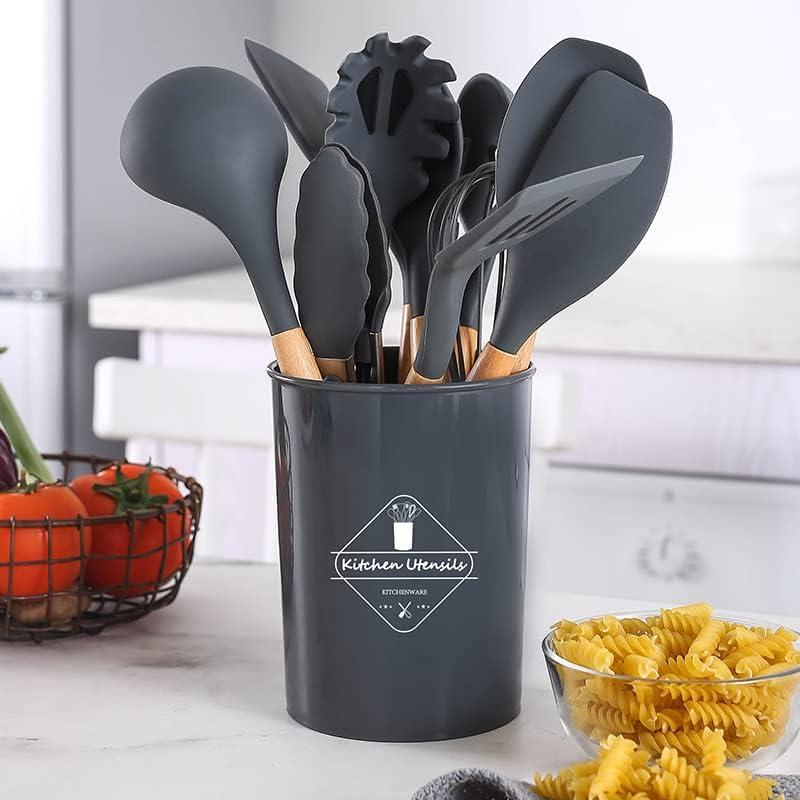 VIVAYO Silicone Cooking Utensil Kitchen Utensils Set, 12 Pieces Silicone Kitchen Utensil Wooden Handles, Kitchen Spatula Sets with Holder Spoon Turner Tongs, Gray