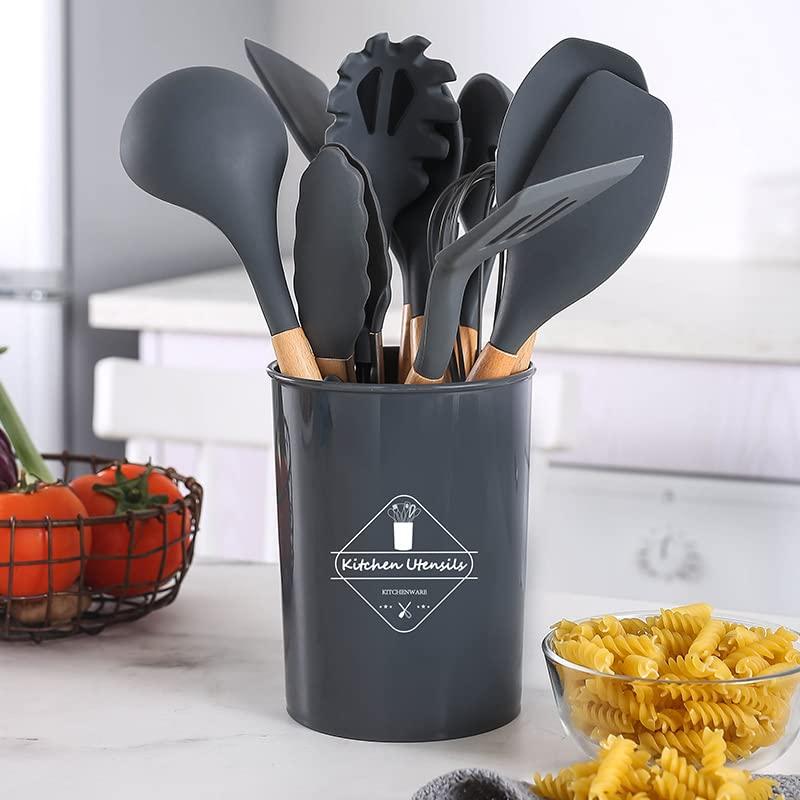 VIVAYO Silicone Cooking Utensil Kitchen Utensils Set, 12 Pieces Silicone Kitchen Utensil Wooden Handles, Kitchen Spatula Sets with Holder Spoon Turner Tongs, Gray