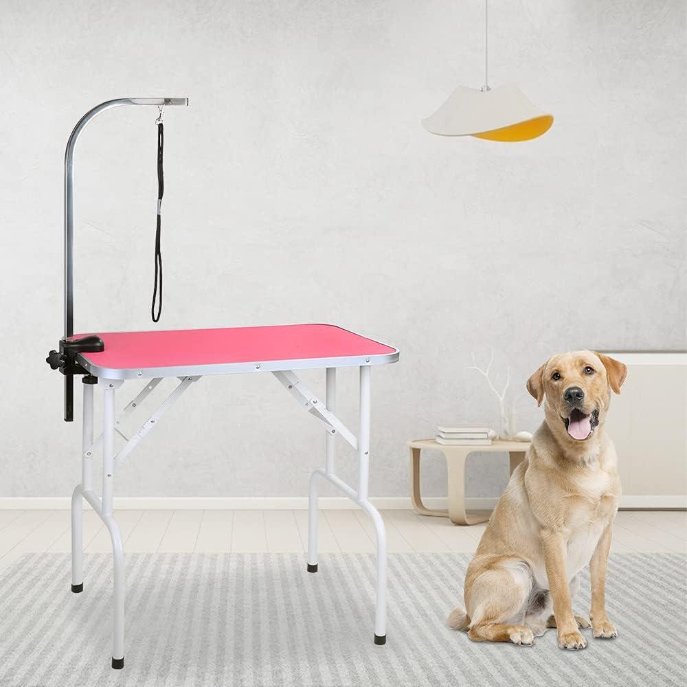 Pink 32'' Foldable Pet Grooming Table with Iron Frame and Noose