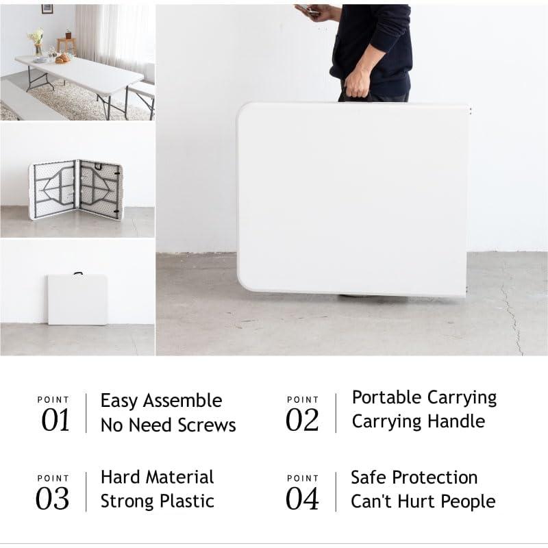 8FT（30" x 96"） Folding Table, Indoor Outdoor Heavy Duty Picnic Table with Carrying Handle,Plastic Fold up Table for Picnic, Party, Camping，Office - White