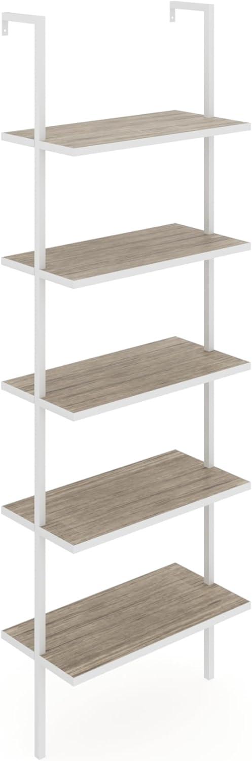 Gray Oak and White 5-Shelf Ladder Bookcase with Metal Frame