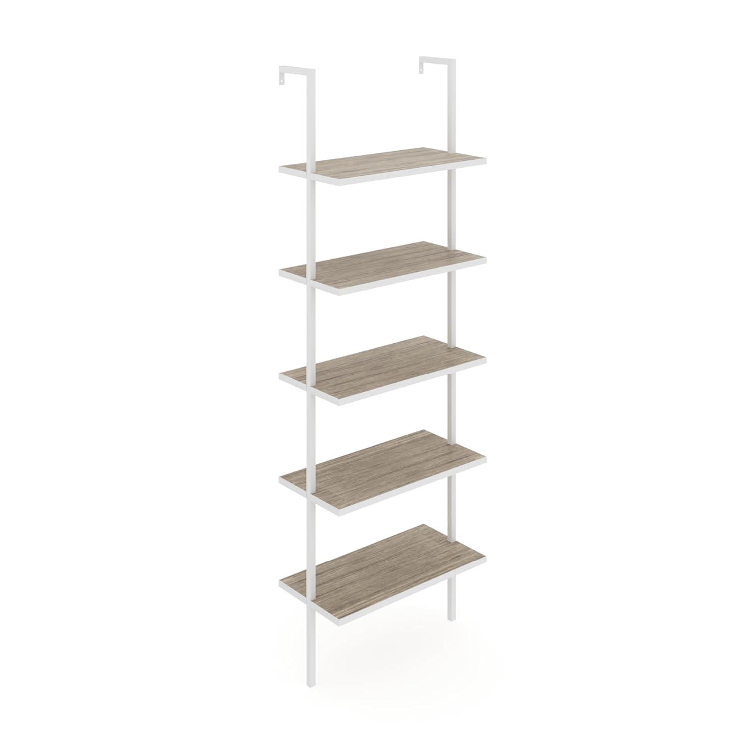 73" Theo 5 Tier Wood Wall Mount Ladder Bookshelf Gray/Oak/White - Nathan James: Metal Frame, Modern Design