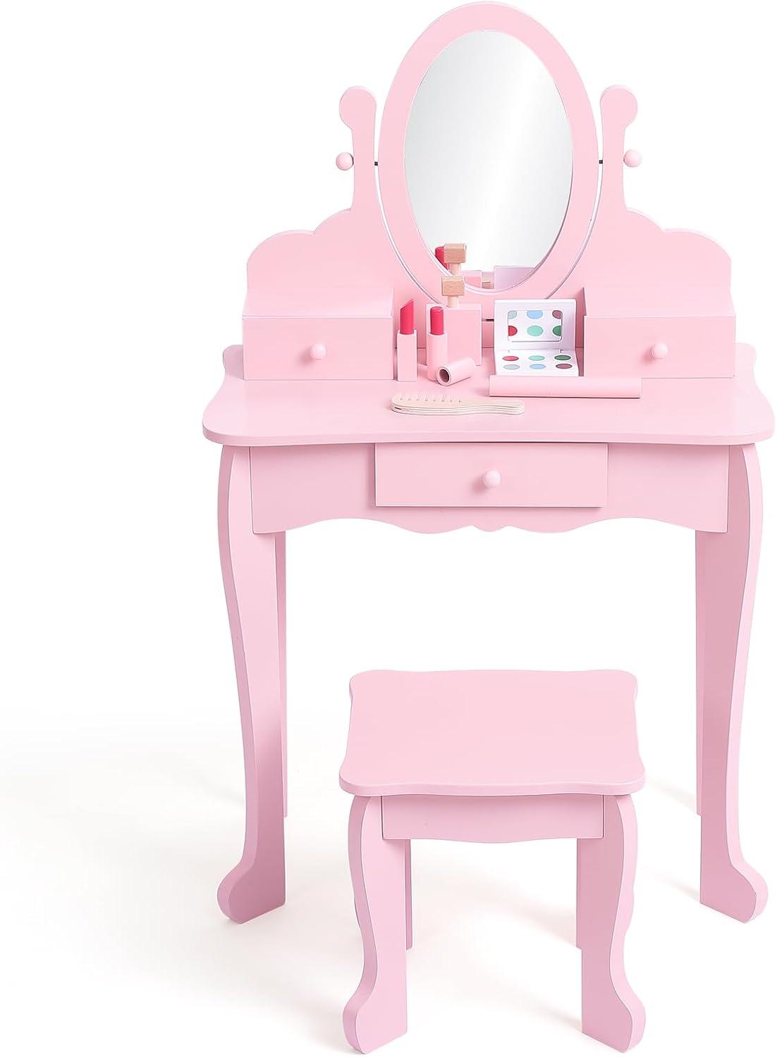 Infans Kids Vanity Table & Stool Princess Dressing Make Up Play Set for Girls Pink