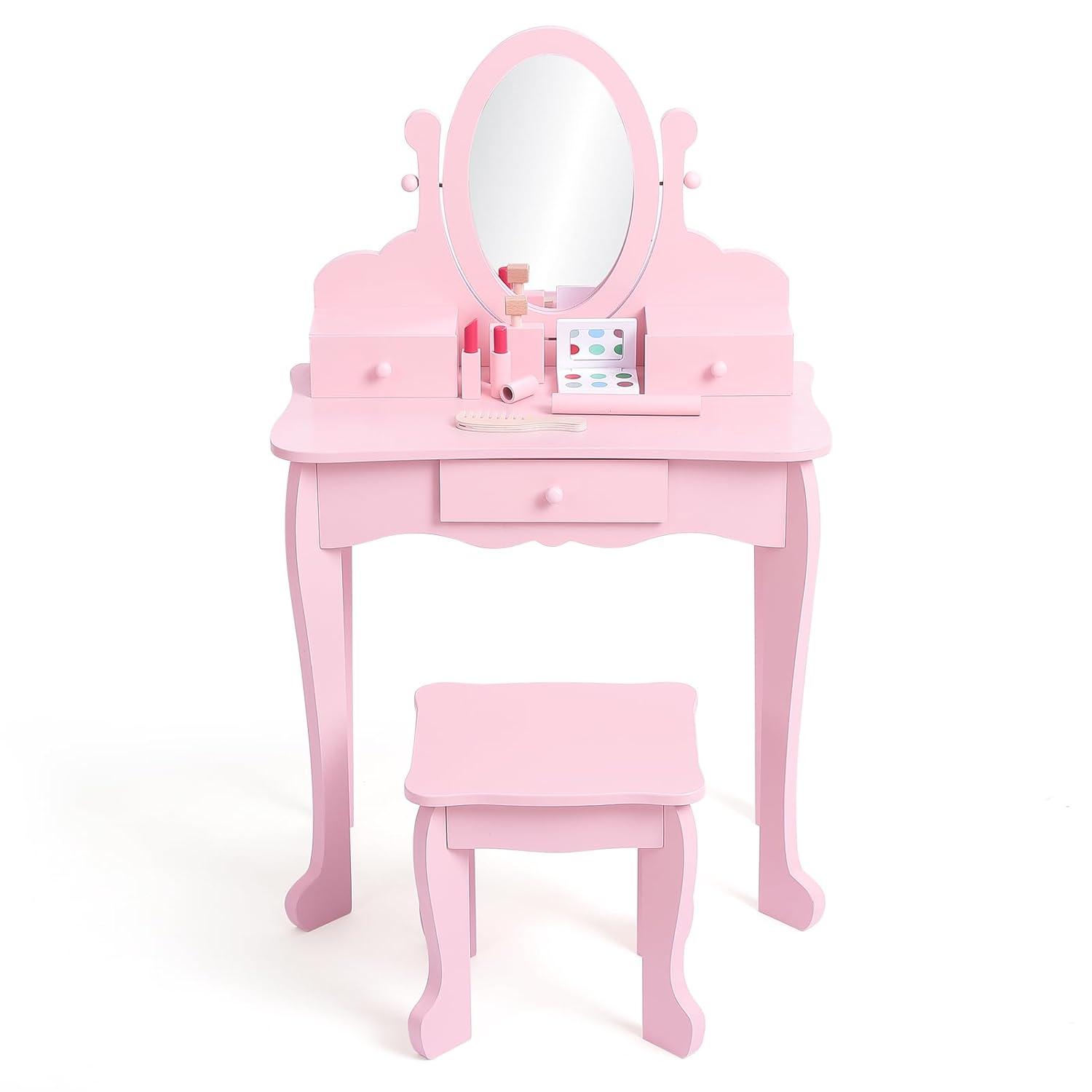 Infans Kids Vanity Table & Stool Princess Dressing Make Up Play Set for Girls Pink