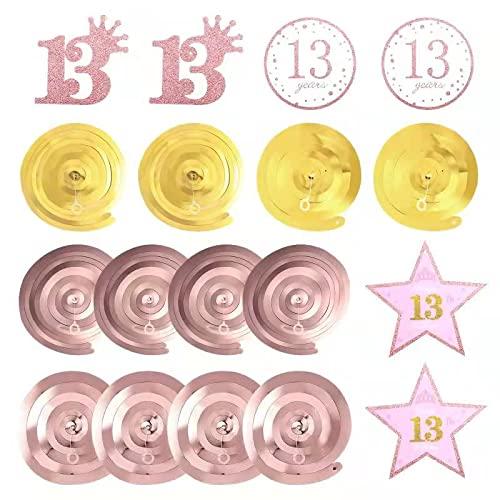 Rose Gold 13th Birthday Party Decors , Rose gold Glittery Happy 13th Birthday Banner,Poms,Sparkling Hanging Swirls Kit for 13th Birthday Party Supplies