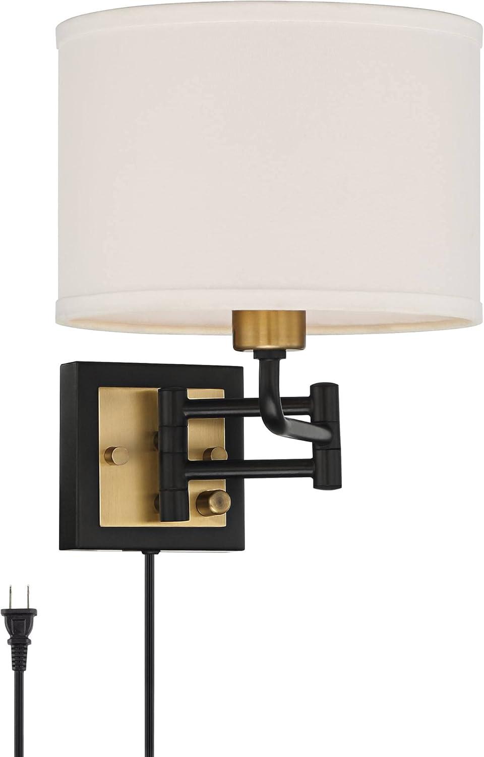 360 Lighting Joelle Modern Swing Arm Wall Lamp Brass Black Plug-in Light Fixture Fabric Drum Shade for Bedroom Bedside Living Room Reading Home House