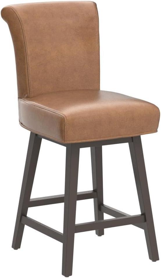 Saddle Brown Faux Leather Swivel Counter Stools with Wood Legs, Set of 2