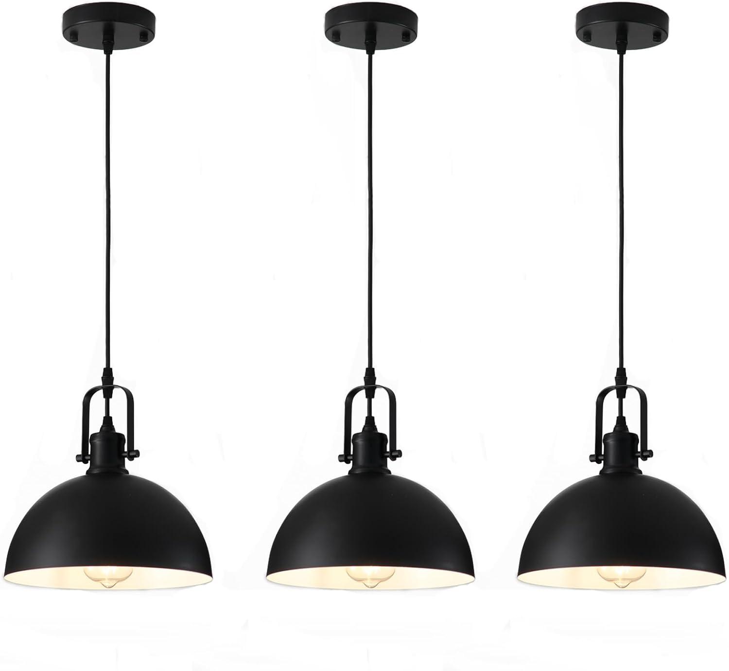 KAYYELAMP 3-Pack Black Metal Shade Hanging Light E26 Black Base Adjustable Height Droplight Retro Design Pendant Light for Kitchen Island Sink Home