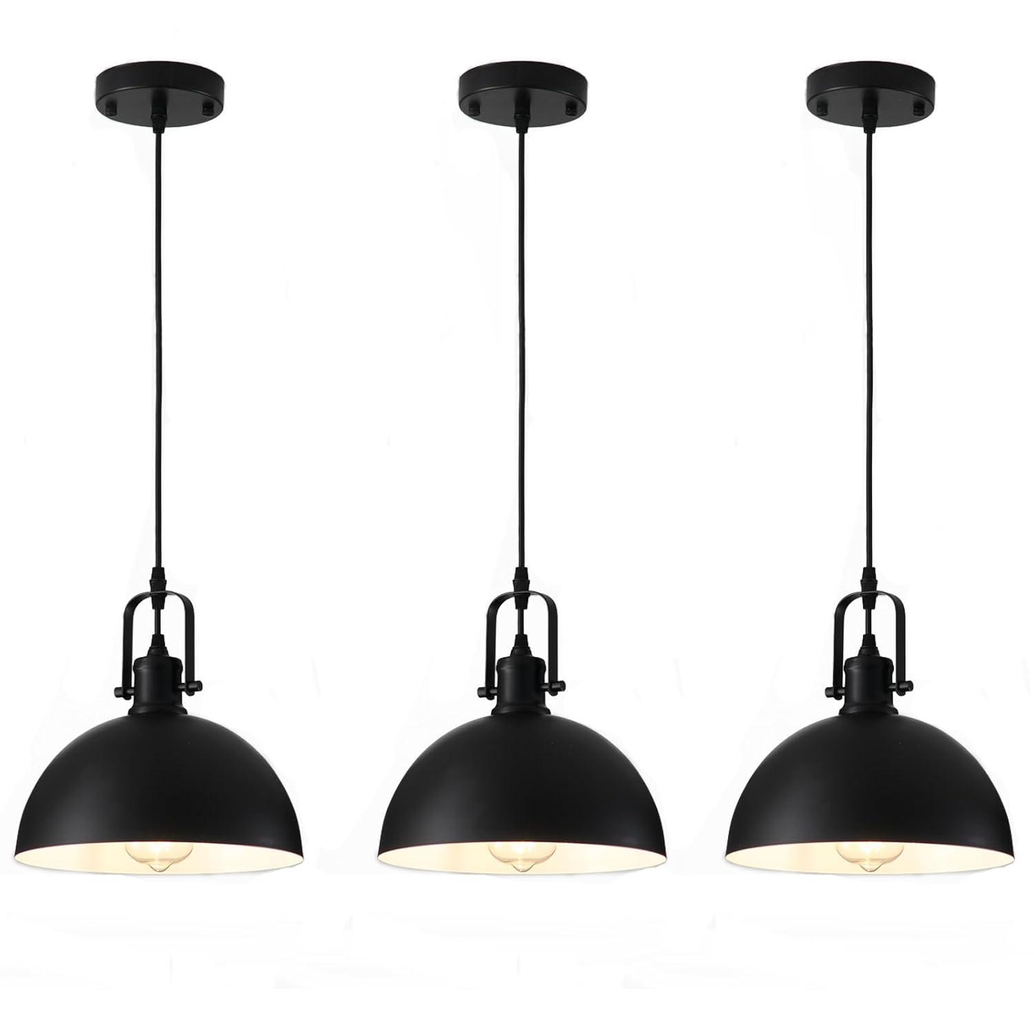 KAYYELAMP 3-Pack Black Metal Shade Hanging Light E26 Black Base Adjustable Height Droplight Retro Design Pendant Light for Kitchen Island Sink Home