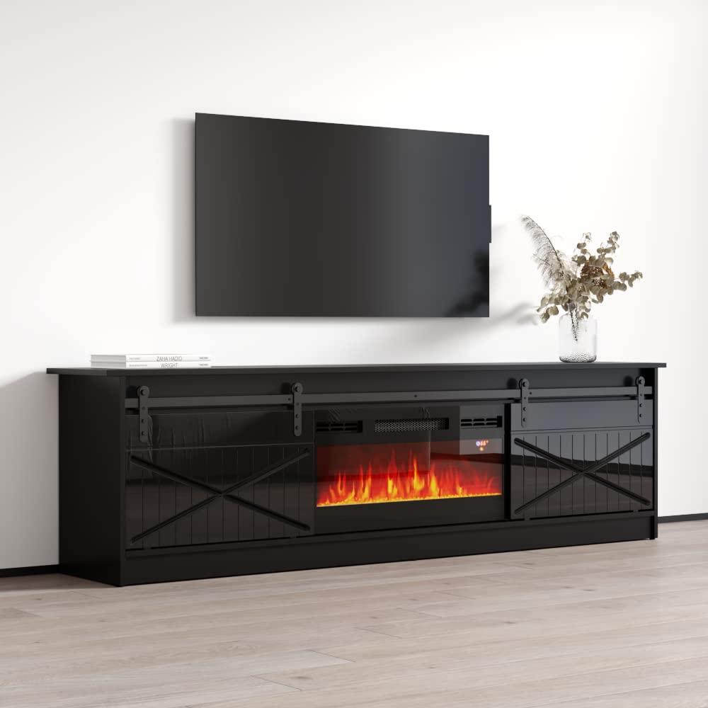 Granero BL-EF Fireplace TV Stand for TVs up to 90", Modern High Gloss 79" Entertainment Center, Electric Fireplace TV Media Console with Storage Cabinets