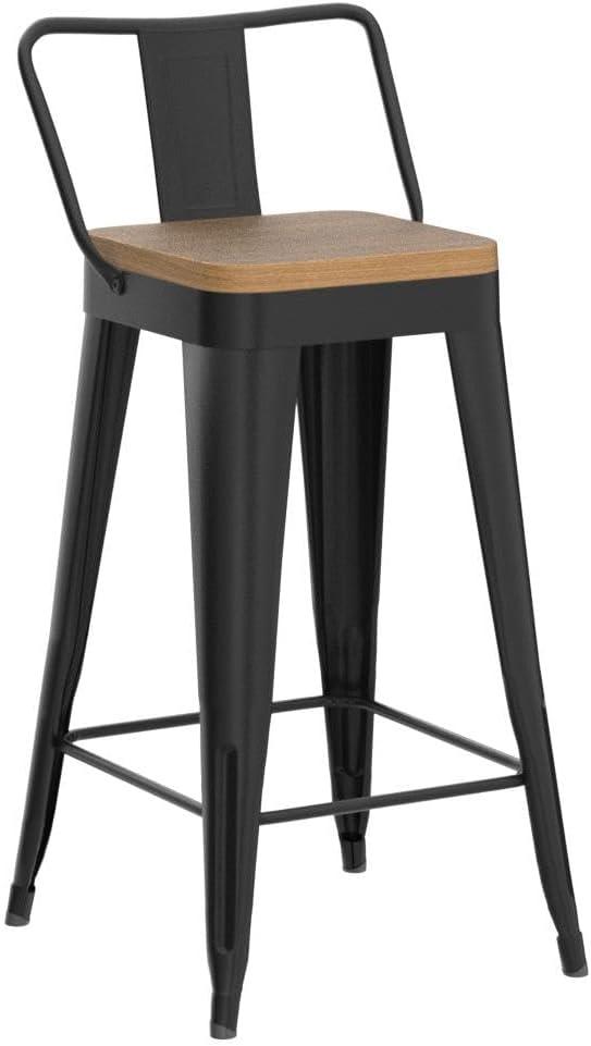 Set of 4 Black Metal and Wood Counter Stools