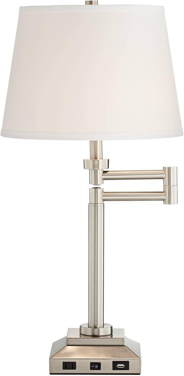 360 Lighting Camber Modern Desk Table Lamp 29" Tall Brushed Steel with USB and AC Power Outlet in Base Swing Arm Linen Shade for Bedroom Living Room