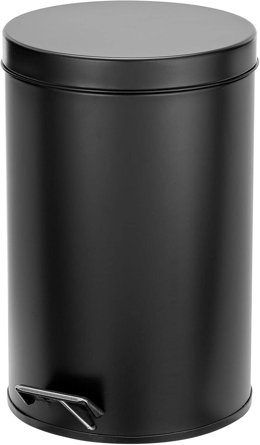 Small Modern Round Lidded Step Trash Can, Compact Garbage Bin with Liner Bucket and Handle for Bathroom, Kitchen, Craft Room, Office, Garage