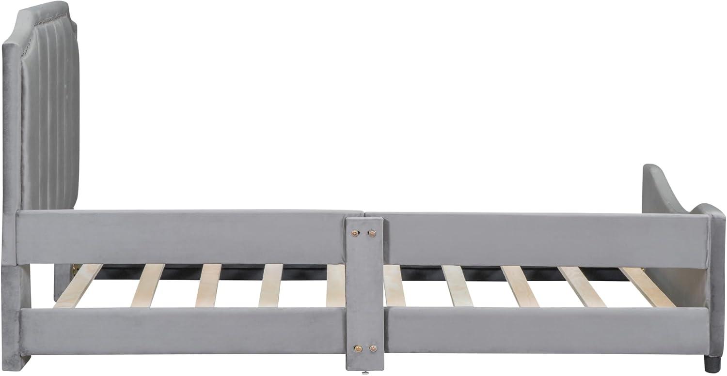 Twin Size Upholstered Bed with Belgrave Headboard, Low Platform Bed Frame with Rails, Kids Velvet Daybed with Slats Support for Girls Boys Teens, Gray