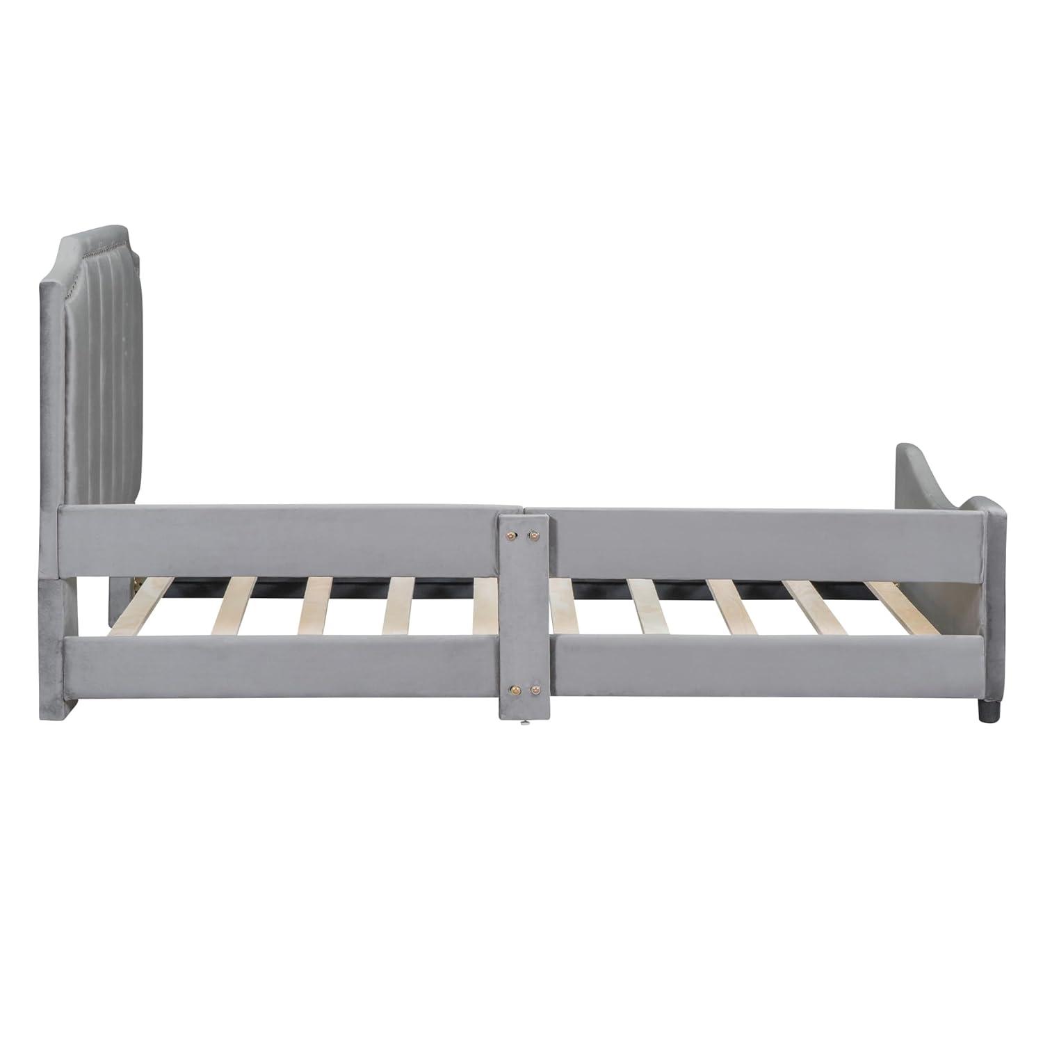 Twin Size Upholstered Bed with Belgrave Headboard, Low Platform Bed Frame with Rails, Kids Velvet Daybed with Slats Support for Girls Boys Teens, Gray