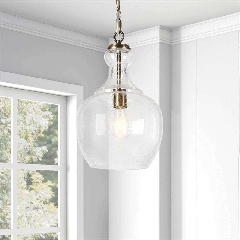 Henn&Hart 11" Wide Pendant with Glass Shade in Brass/Seeded, Pendant, Flush Mount Ceiling Light Fixture for Kitchen, Living Room