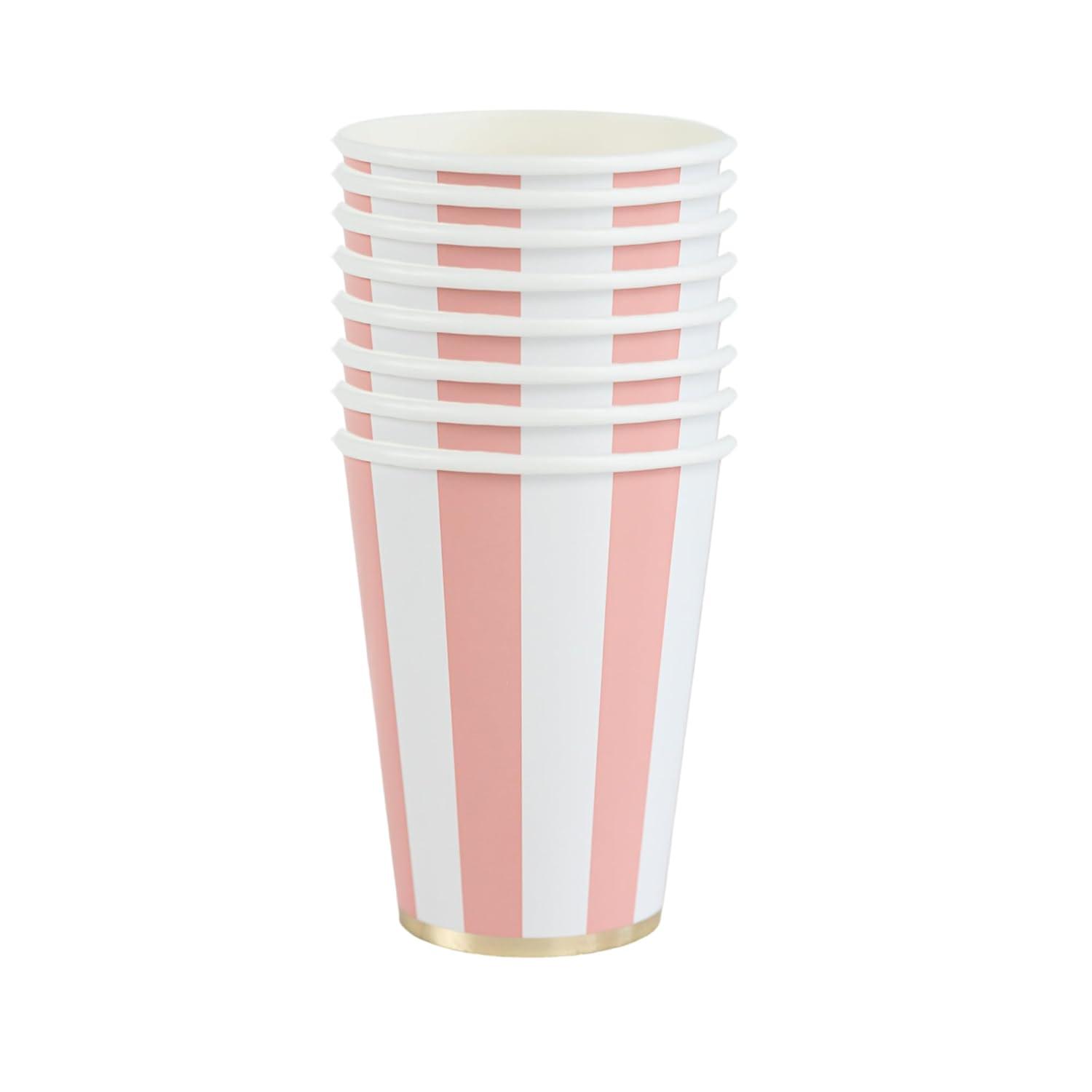 Bonjour Fête Pink Cabana Stripe Paper Party Cups | Disposable Cups for Valentine's Day, Baby Showers, Barbie Parties & Birthday Decorations | Premium 12oz Party Supplies | Pack of 8