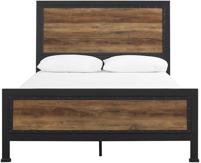 Rustic Oak Queen Bed with Metal Frame and Wood Headboard