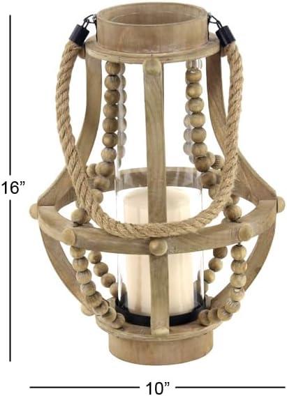 Olivia & May 16" x 10" Rustic Wood/Glass Candle Holder with Rope Handle Beige : Wooden Lantern, Tall Pillar Style