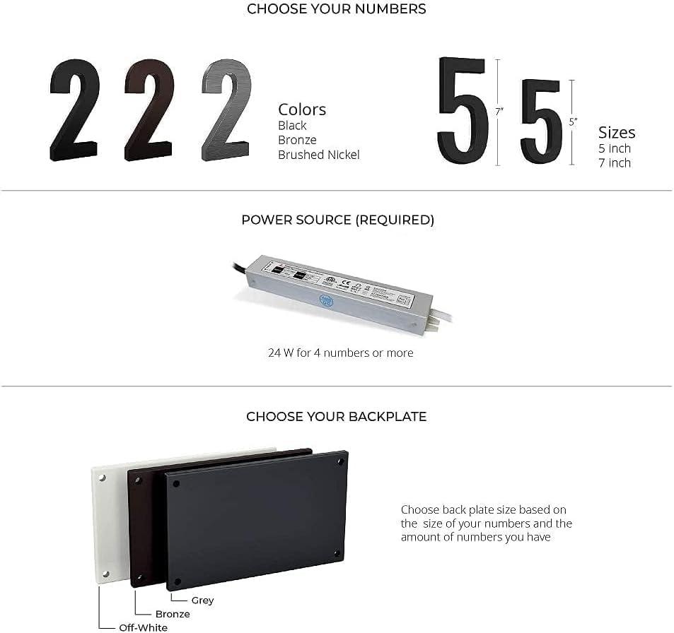 5 Inch Backlit LED House Number - Modern Stainless Steel Address Number with 6000K White Light, Acrylic Backing - 12V Powered, Mounting Plate Sold Separately - Black (Number 3)