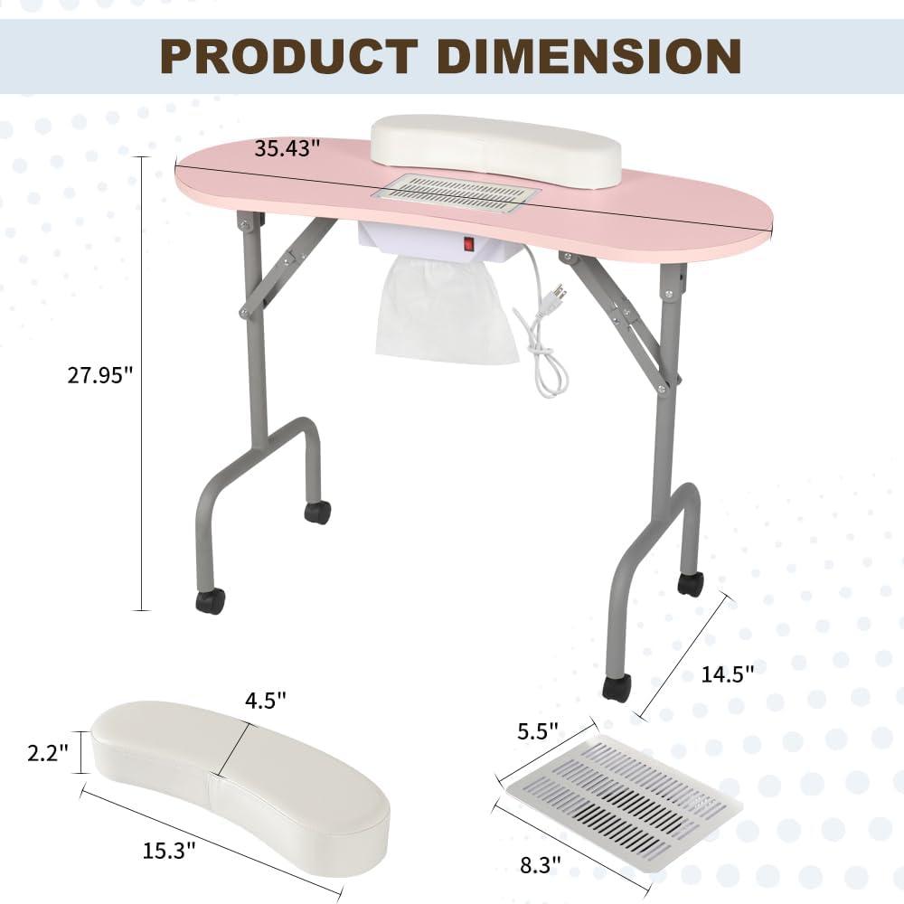 Portable Manicure Table Foldable Nail Desk with Large Drawer Nail Tech Table for Technician Salon Workstation Client Wrist Cushion/Carry Bag/4 Lockable Wheels, 36-inch, Pink