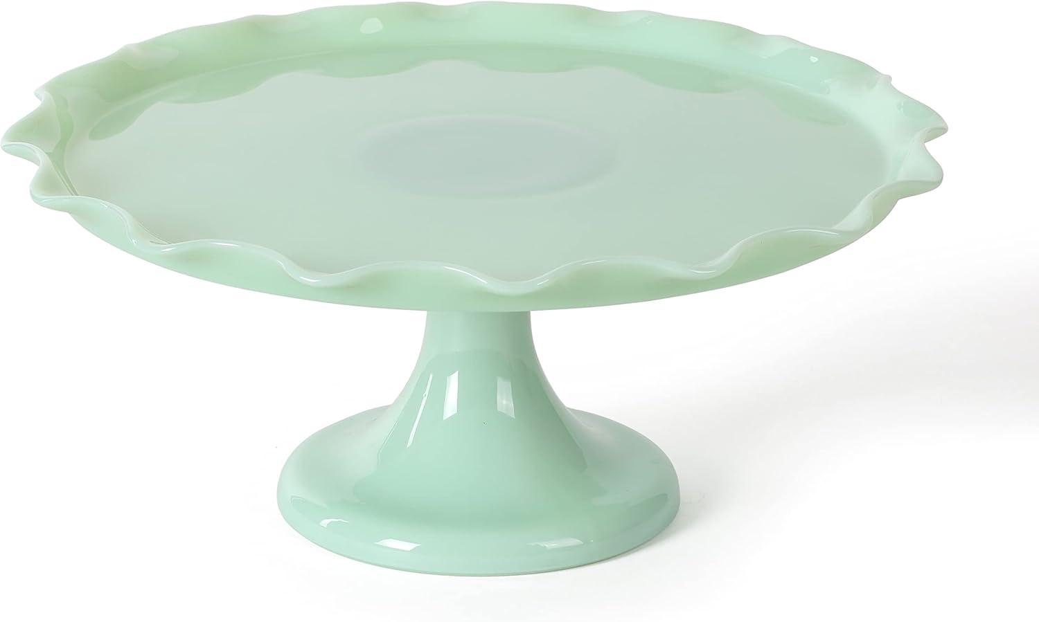 Handmade Jadeite Green Glass Pedestal Cake Stand with Scallop Trim