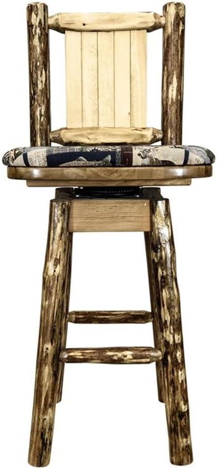 Glacier Country Collection Counter Height Barstool w/ Back & Swivel, Woodland Upholstery w/ Laser Engraved Bear Design