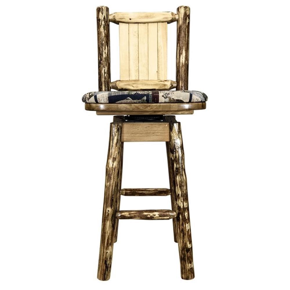 Glacier Country Collection Counter Height Barstool w/ Back & Swivel, Woodland Upholstery w/ Laser Engraved Bear Design