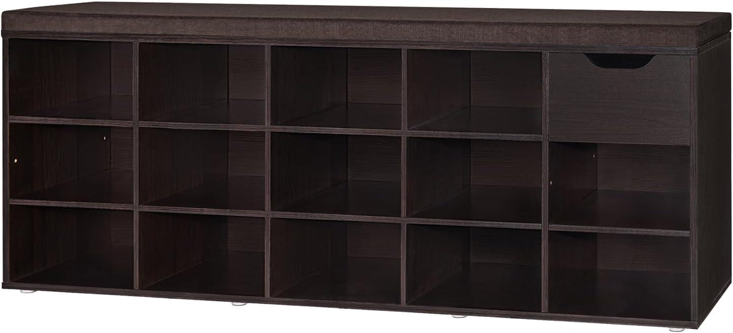 Shoe Rack Bench with Cushion 15-Cube Storage Bench Storage Cabinet for Entryway Espresso