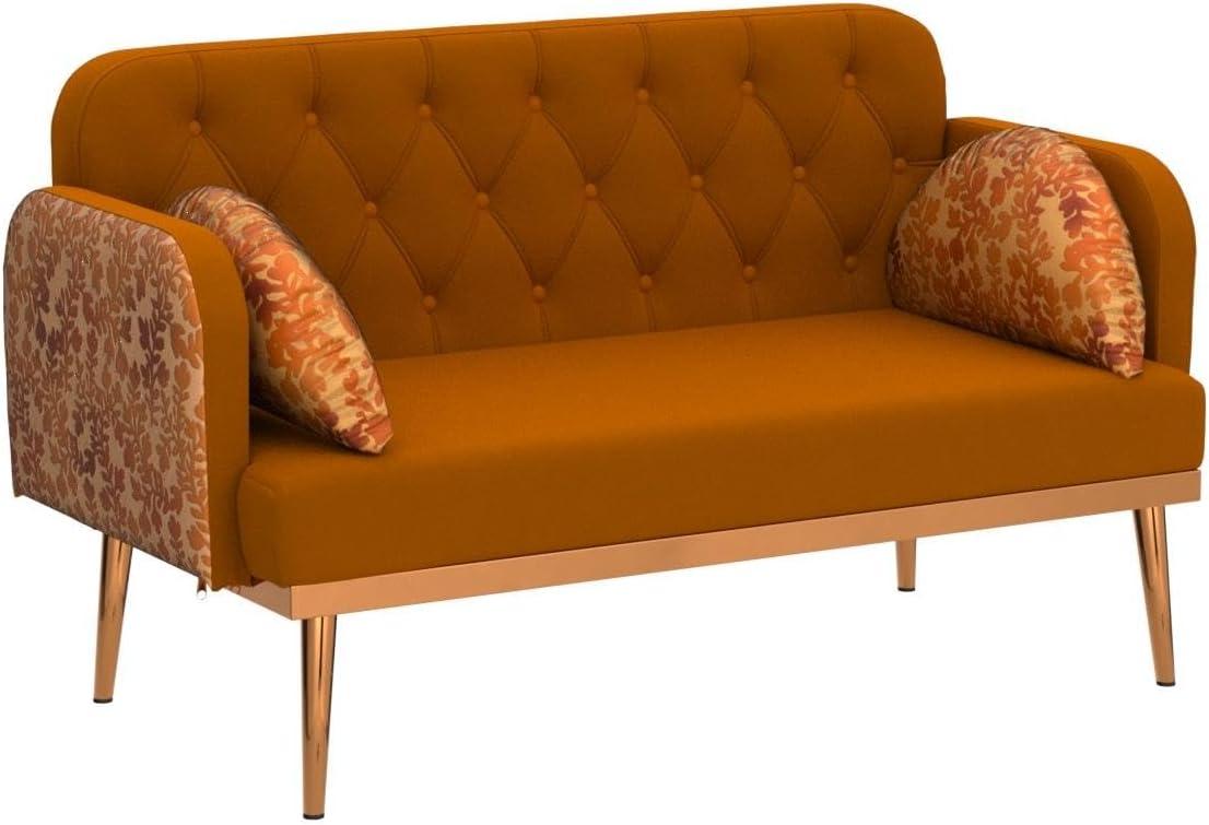 55-inch Small Velvet Couch with Elegant Moon Shape Pillows, Twin Size Loveseat Accent Sofa with Golden Metal Legs, Living Room Sofa with Tufted Backrest, 600 Pounds Weight Capacity-Orange