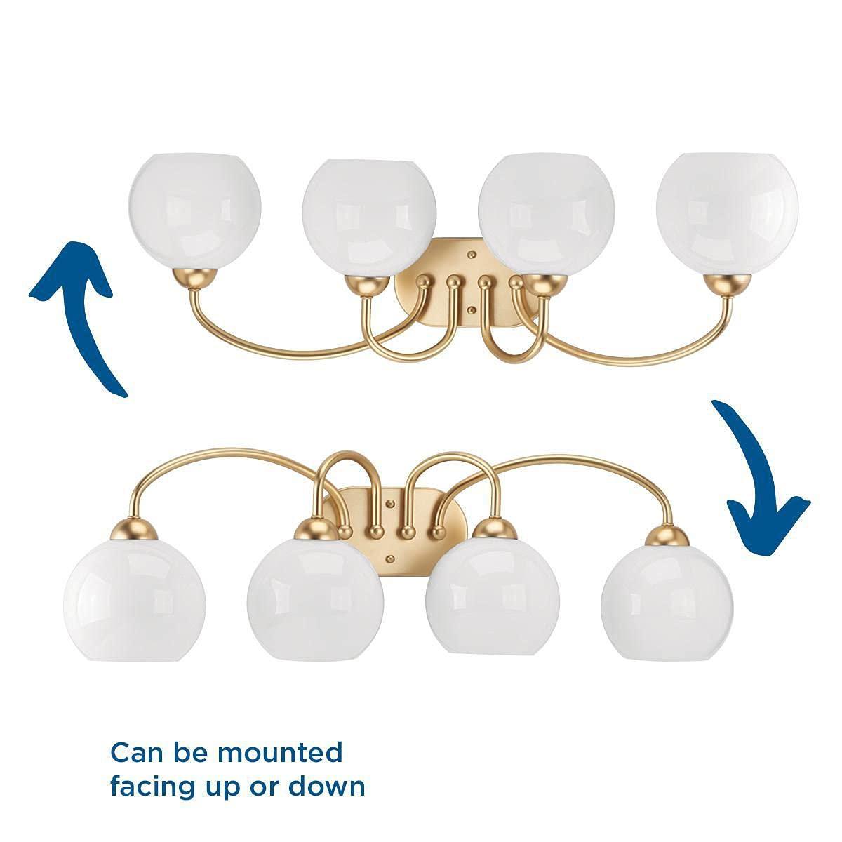 Progress Lighting Carisa 4-Light Bath Wall Light, Vintage Gold, White Glass Globes