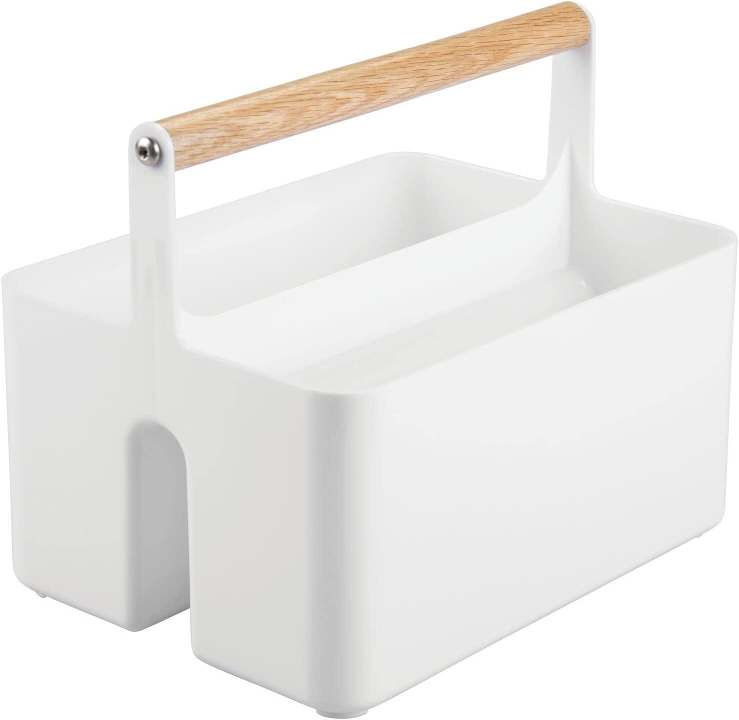 mDesign Plastic Portable Shower Caddy Divided Basket Bin Storage Organizer with Bamboo Handle for Bathroom, Dorm, Shelf & Cabinet Holds Shampoo, Conditioner - Aura Collection, White/Natural