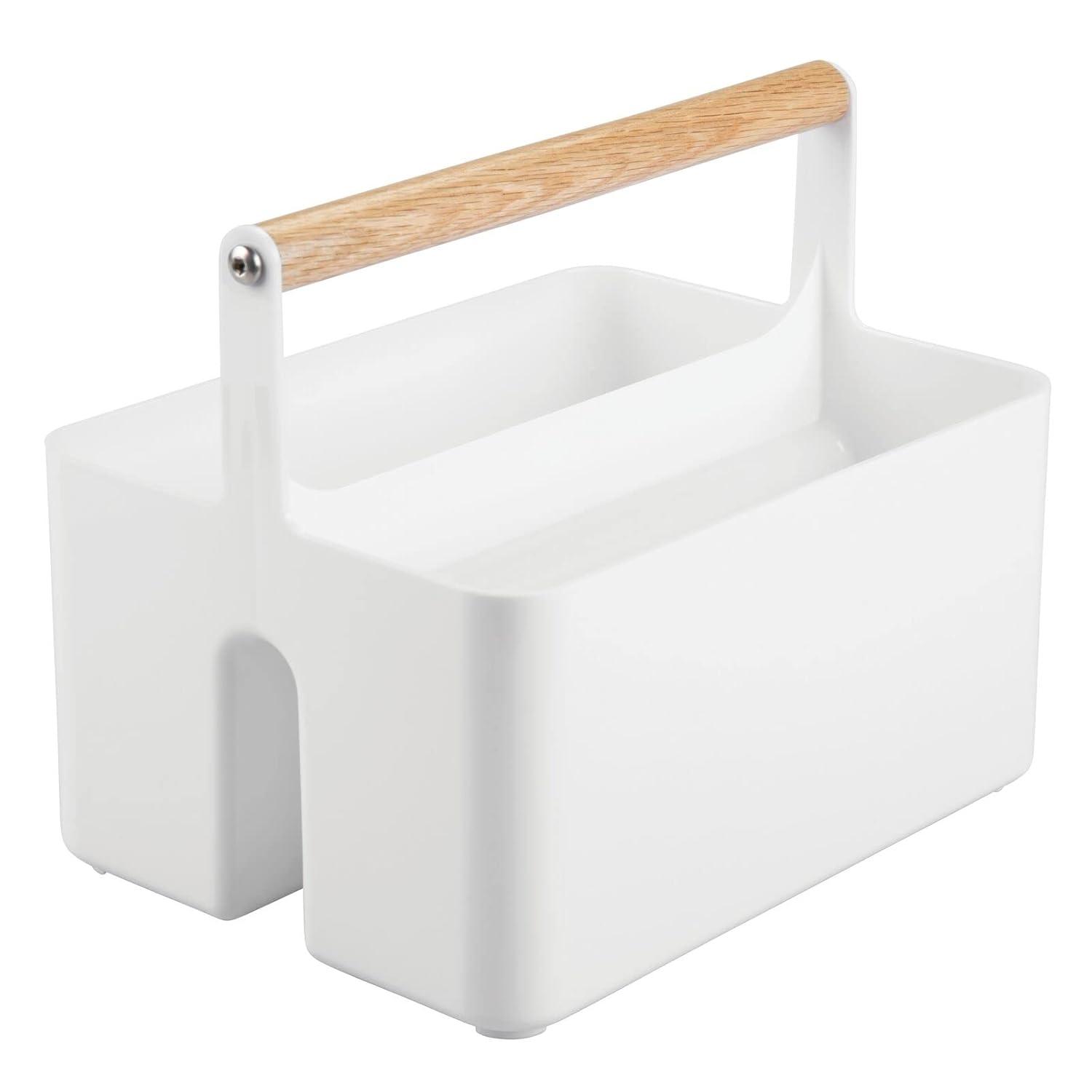 mDesign Plastic Portable Shower Caddy Divided Basket Bin Storage Organizer with Bamboo Handle for Bathroom, Dorm, Shelf & Cabinet Holds Shampoo, Conditioner - Aura Collection, White/Natural