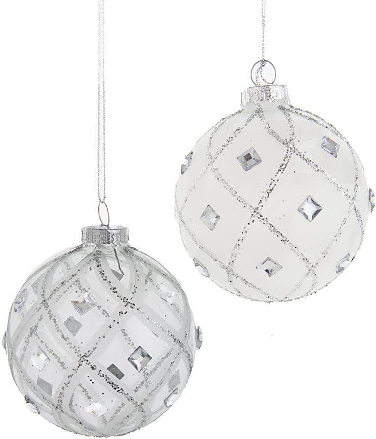 80MM Jeweled Clear Feather White Glass Ball Ornaments Set