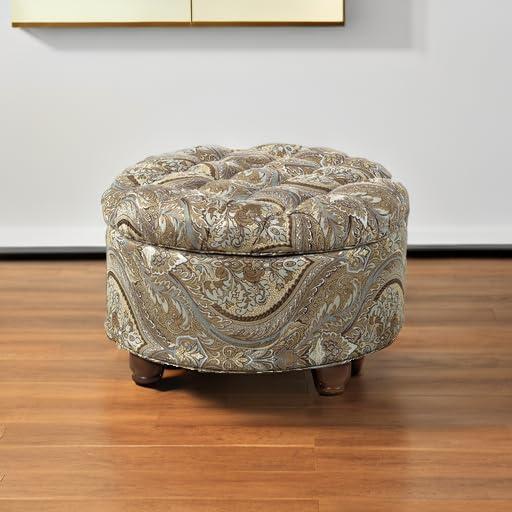 Brown and Teal Paisley Tufted Round Storage Ottoman