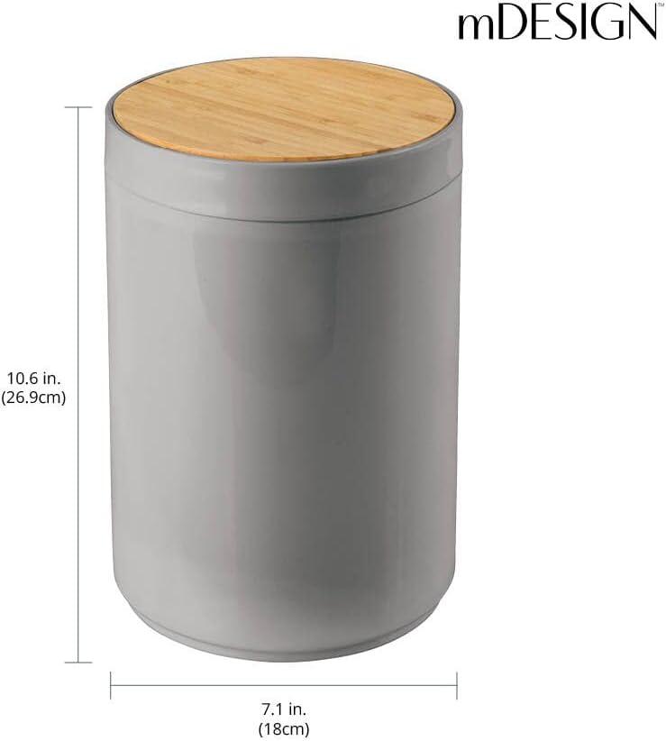 mDesign Plastic Round Trash Can Small with Swing-Close Lid - Gray/Natural
