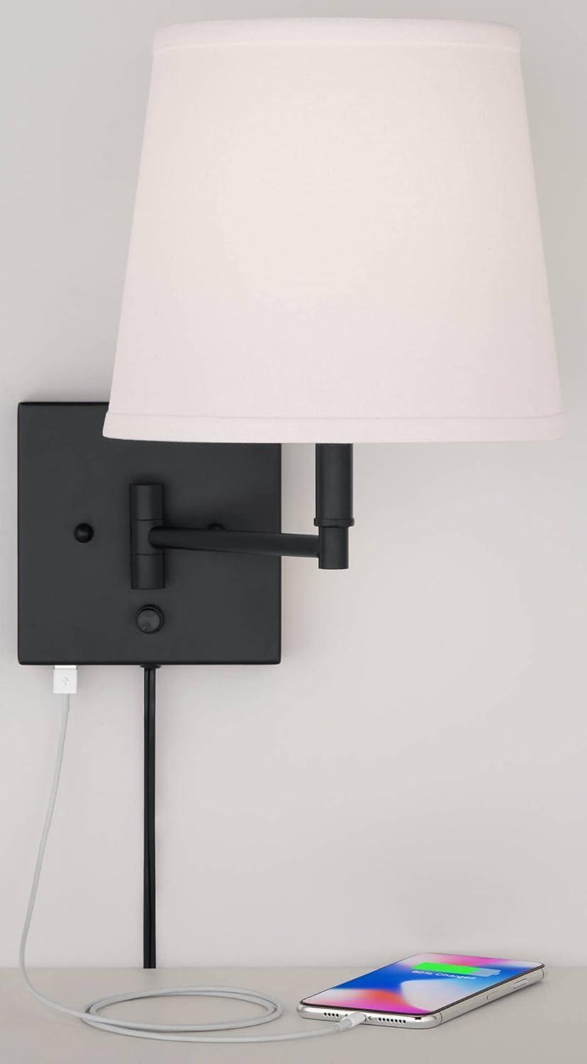 360 Lighting Lanett Modern Swing Arm Wall Lamps Set of 2 Black Plug-in Light Fixture with USB Charging Port White Lamp Shade for Bedroom Living Room