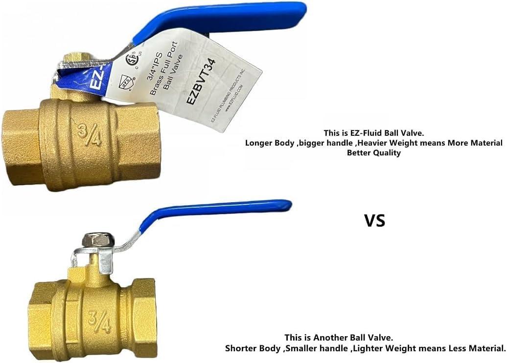 EZ-FLUID Plumbing 3/4" NPT Female Threaded IPS Ball Valve Full Port Water Stop Shut Off,Heavy Duty Lead Free Brass,Quarter Turn,Blue Handle (1-Pack)