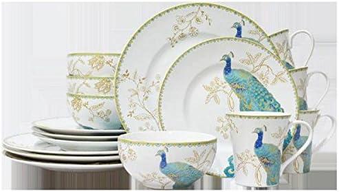 222 Fifth Peacock Garden Porcelain 16pc Dinnerware Set White: Round Dish Set, Service for 4, Bird Pattern, Dishwasher-Safe