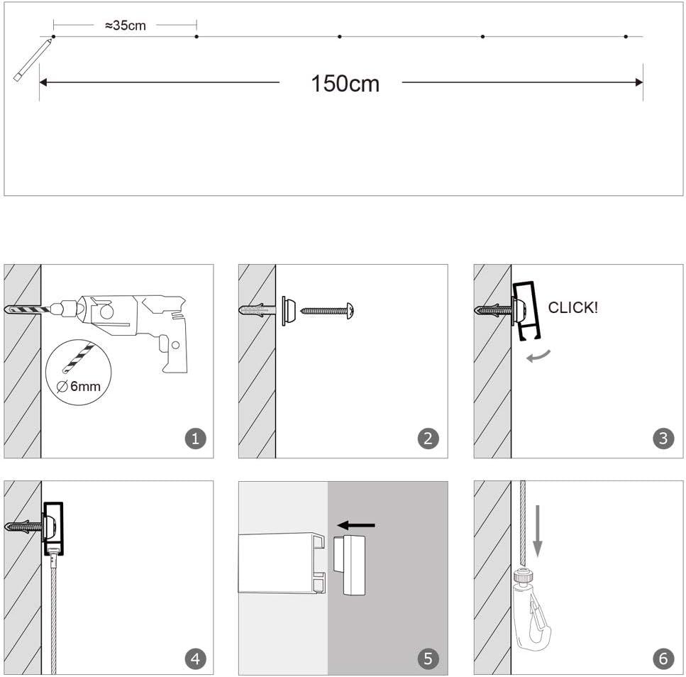 Picture Hanging System Click Rail Kits,in one Set Included Two of White Rails 59", Four of Steel Cables, six of Hooks, Four of end caps, and Installation Hardware