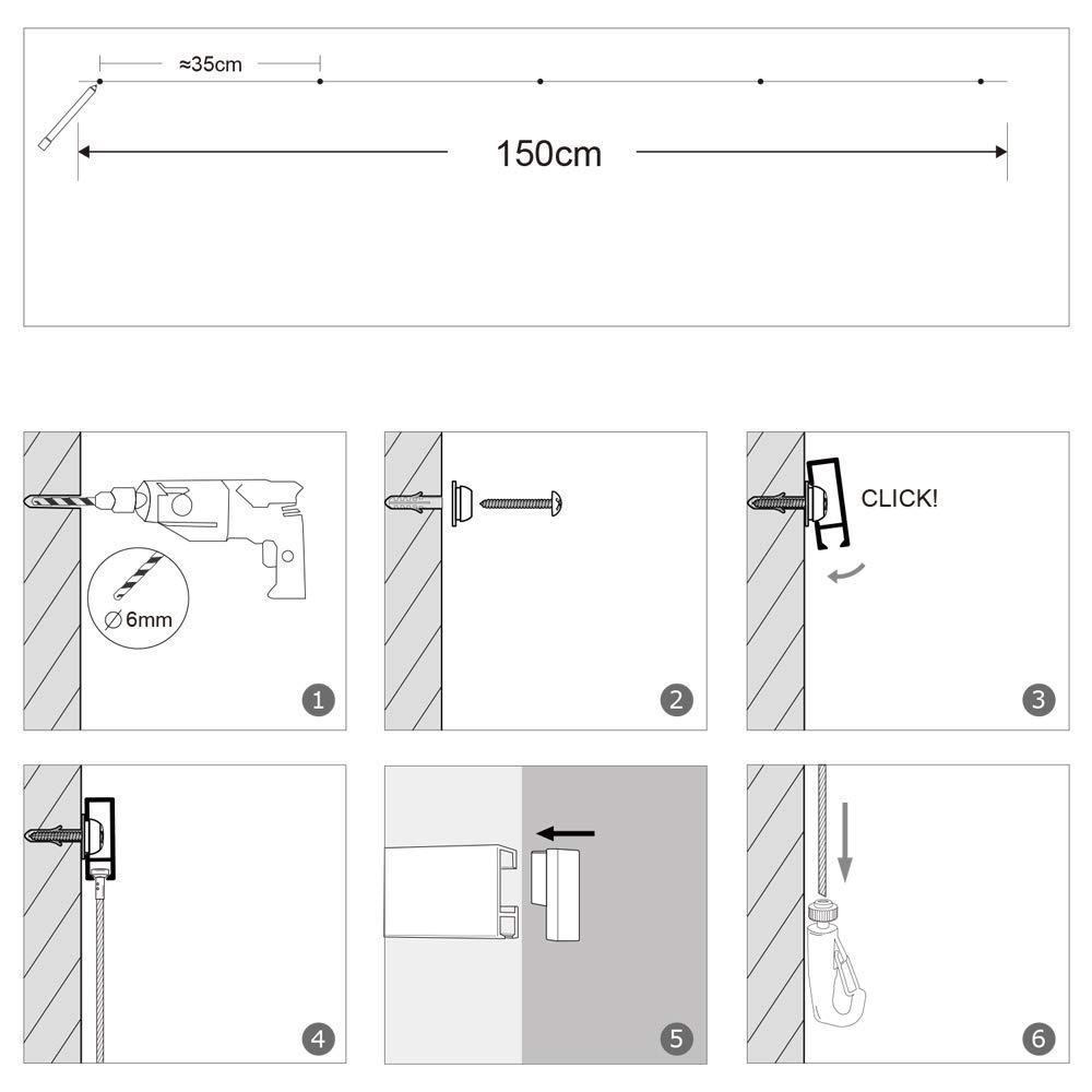 Picture Hanging System Click Rail Kits,in one Set Included Two of White Rails 59", Four of Steel Cables, six of Hooks, Four of end caps, and Installation Hardware