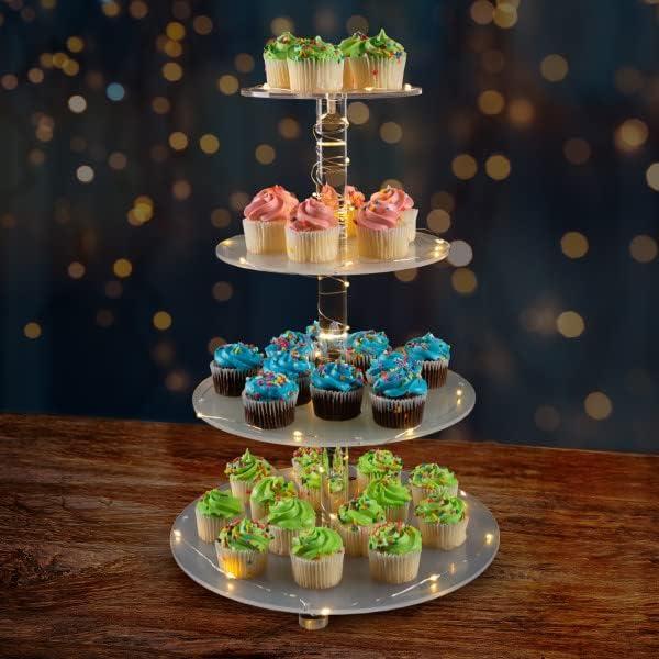 4-Tier Cupcake Stand - Round Acrylic Display Stand with LED Lights for Birthday, Tea Party, or Wedding Dessert Tables by Great Northern Party